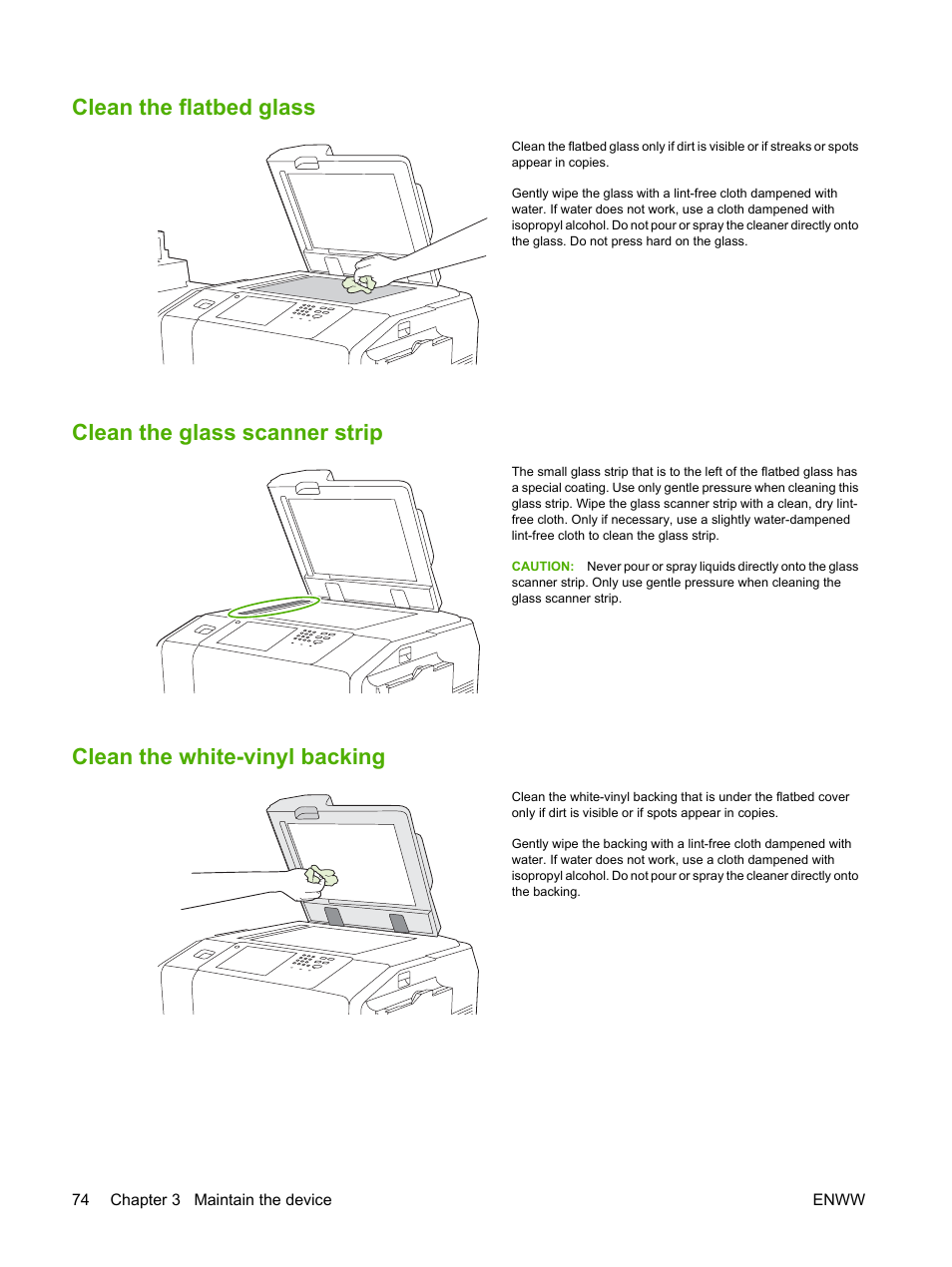 Clean the flatbed glass, Clean the glass scanner strip, Clean the white-vinyl backing | HP CM8000 Color Multifunction Printer series User Manual | Page 82 / 104