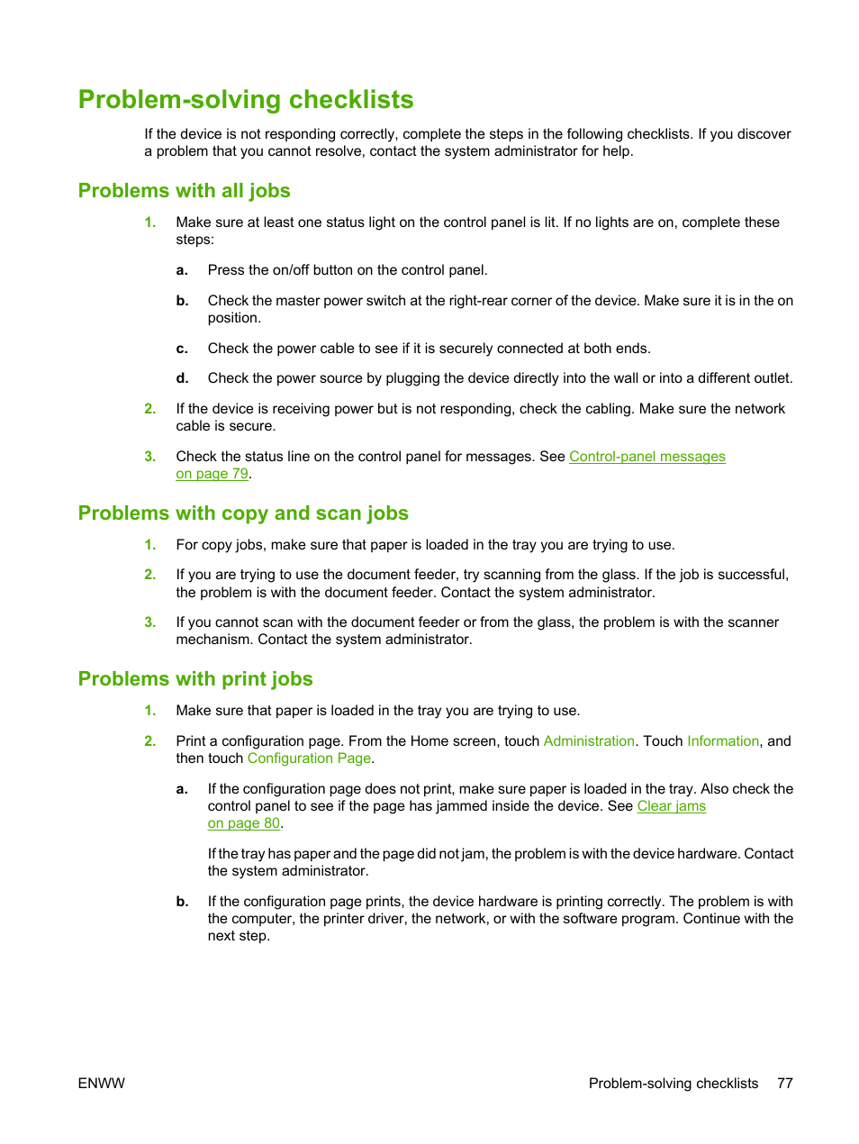 Problem-solving checklists, Problems with all jobs, Problems with copy and scan jobs | Problems with print jobs | HP CM8000 Color Multifunction Printer series User Manual | Page 85 / 104