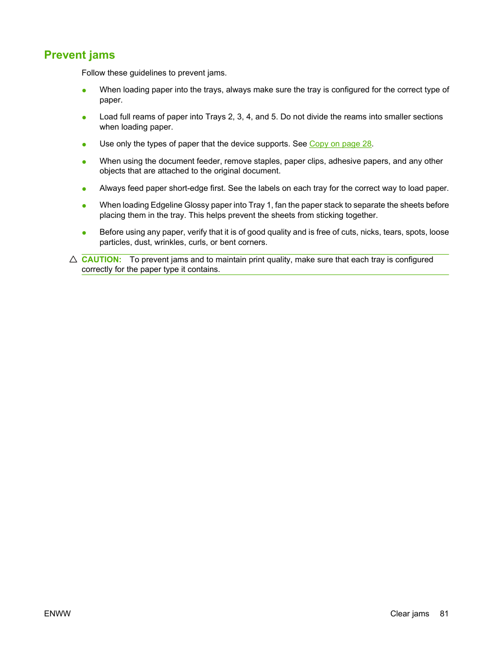 Prevent jams | HP CM8000 Color Multifunction Printer series User Manual | Page 89 / 104