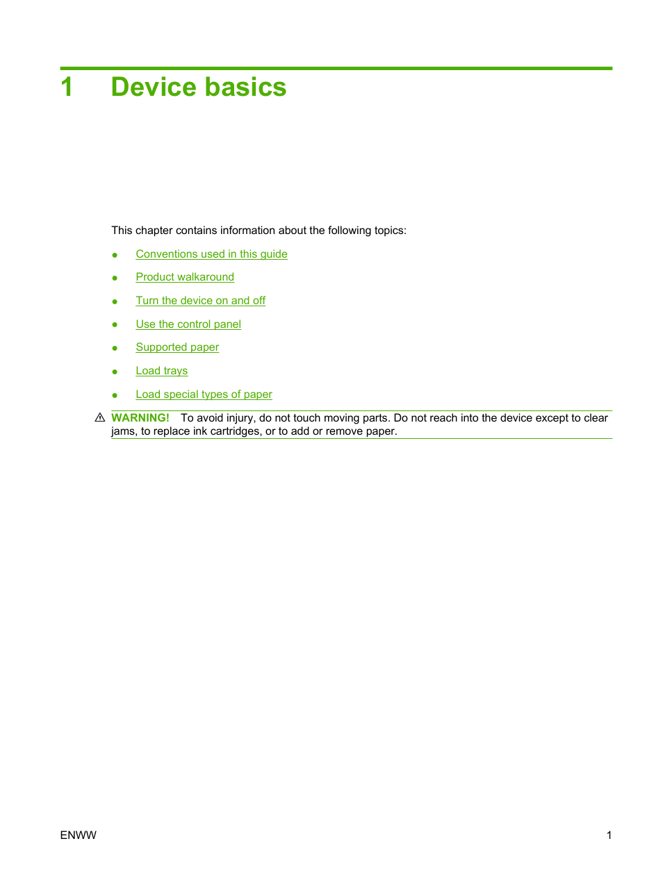 Device basics, 1 device basics, 1device basics | HP CM8000 Color Multifunction Printer series User Manual | Page 9 / 104
