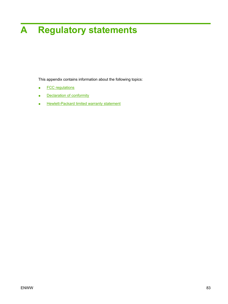 Regulatory statements, Appendix a regulatory statements, Aregulatory statements | HP CM8000 Color Multifunction Printer series User Manual | Page 91 / 104