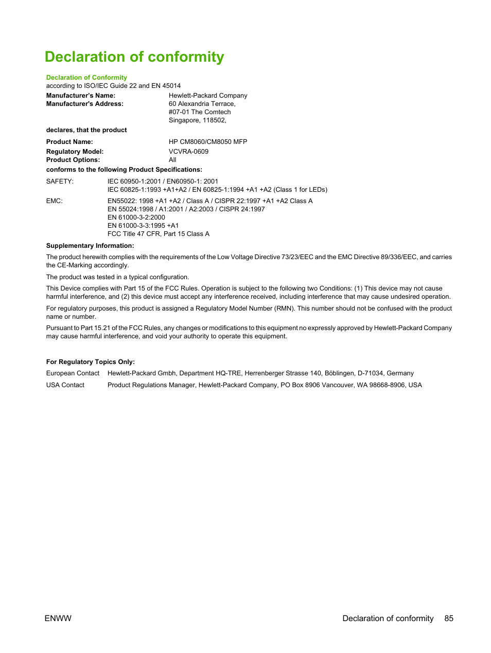 Declaration of conformity | HP CM8000 Color Multifunction Printer series User Manual | Page 93 / 104