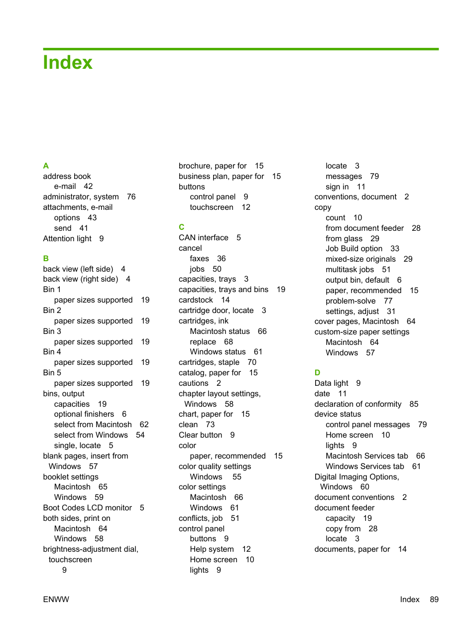 Index | HP CM8000 Color Multifunction Printer series User Manual | Page 97 / 104