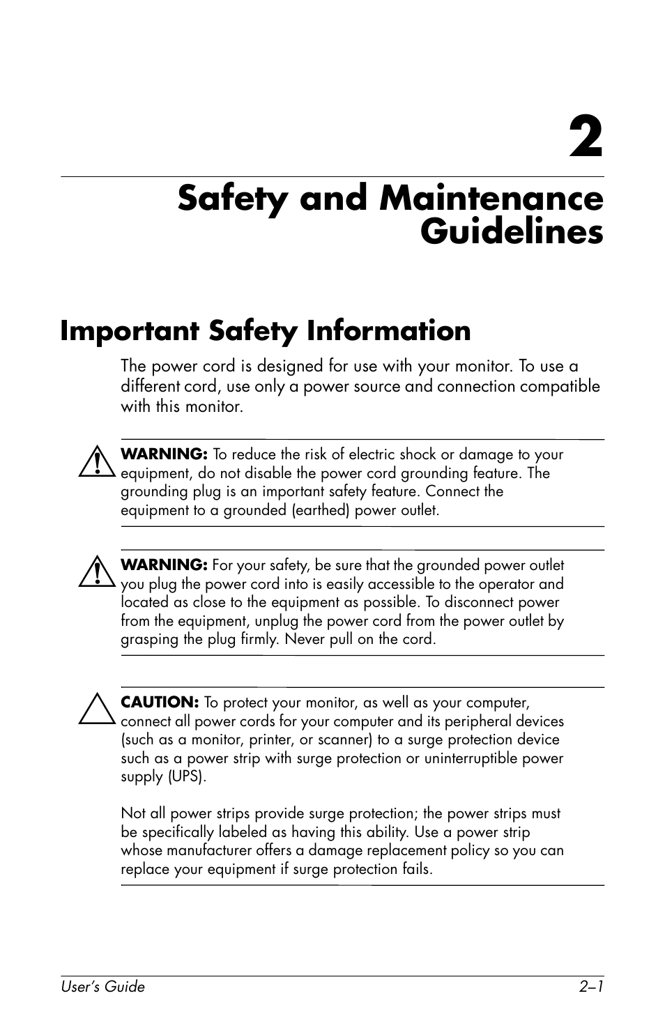 Safety and maintenance guidelines, Important safety information, 2 safety and maintenance guidelines | Important safety information –1 | HP vs19x 19 inch LCD Monitor User Manual | Page 13 / 80