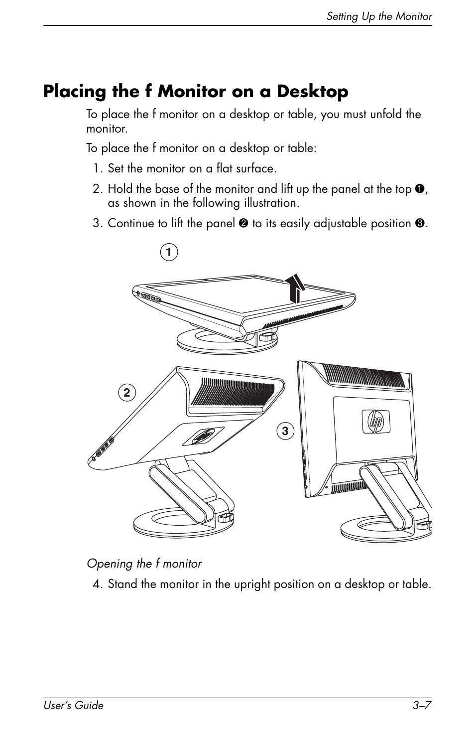 Placing the f monitor on a desktop, Placing the f monitor on a desktop –7 | HP vs19x 19 inch LCD Monitor User Manual | Page 27 / 80