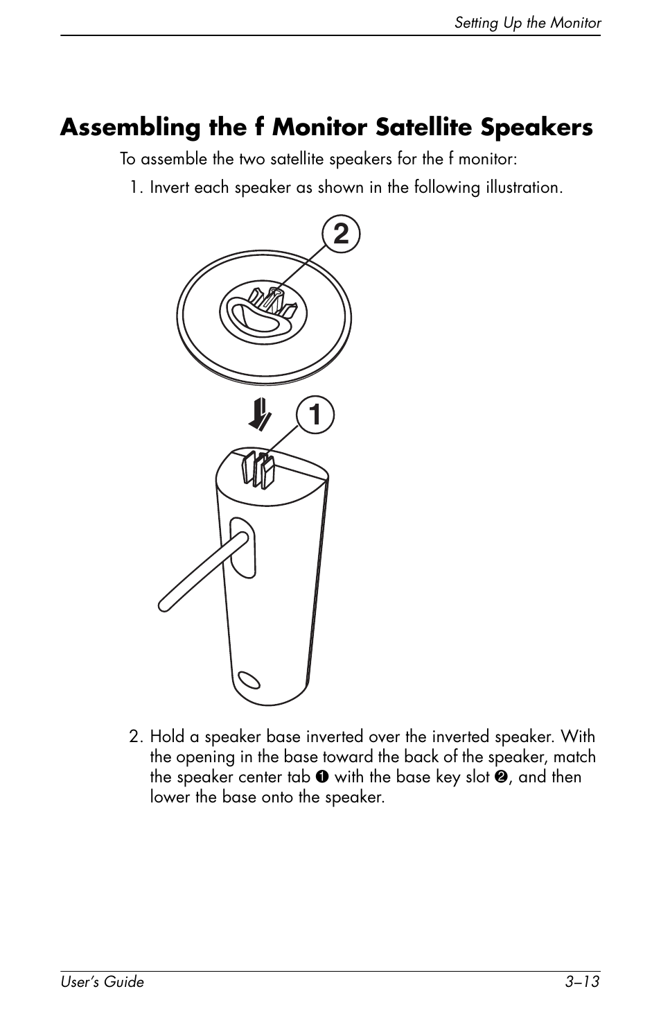 Assembling the f monitor satellite speakers, Assembling the f monitor satellite, Speakers –13 | HP vs19x 19 inch LCD Monitor User Manual | Page 33 / 80