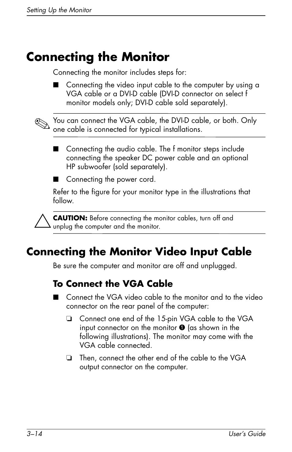 Connecting the monitor, Connecting the monitor video input cable, Connecting the monitor –14 | Connecting the monitor video input cable –14 | HP vs19x 19 inch LCD Monitor User Manual | Page 34 / 80