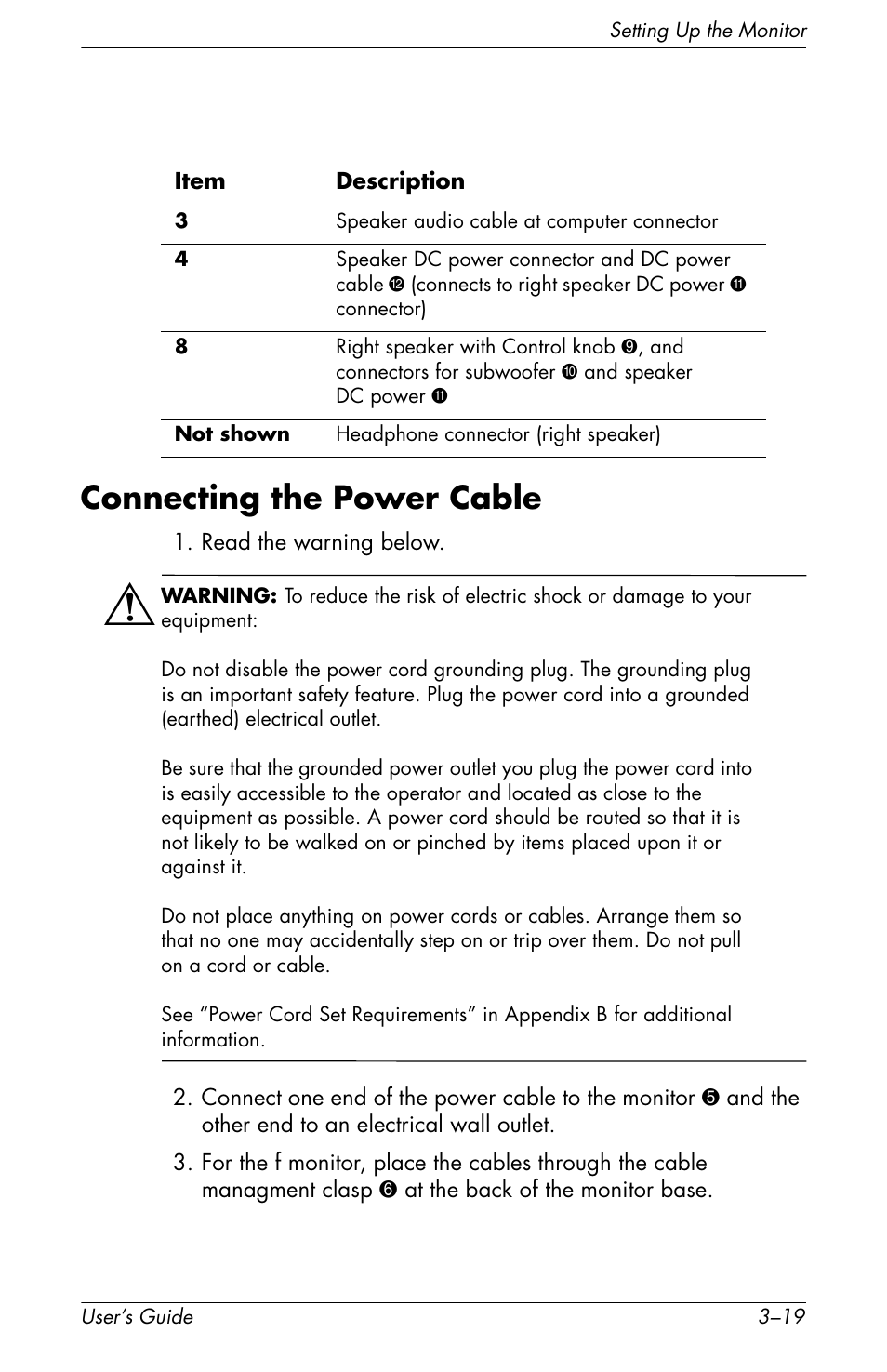 Connecting the power cable, Connecting the power cable –19 | HP vs19x 19 inch LCD Monitor User Manual | Page 39 / 80
