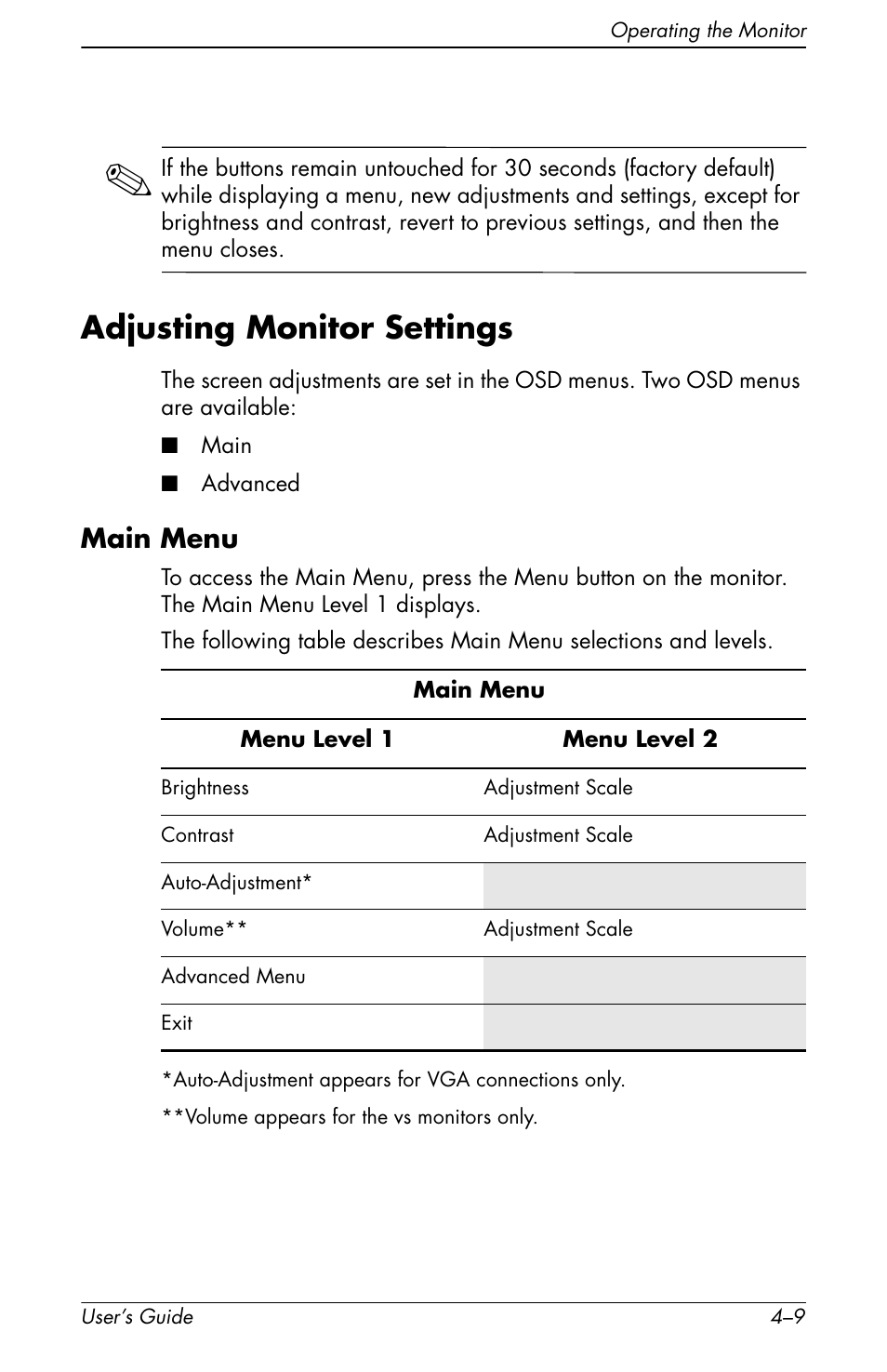 Adjusting monitor settings, Adjusting monitor settings –9, Main menu –9 | Main menu | HP vs19x 19 inch LCD Monitor User Manual | Page 49 / 80