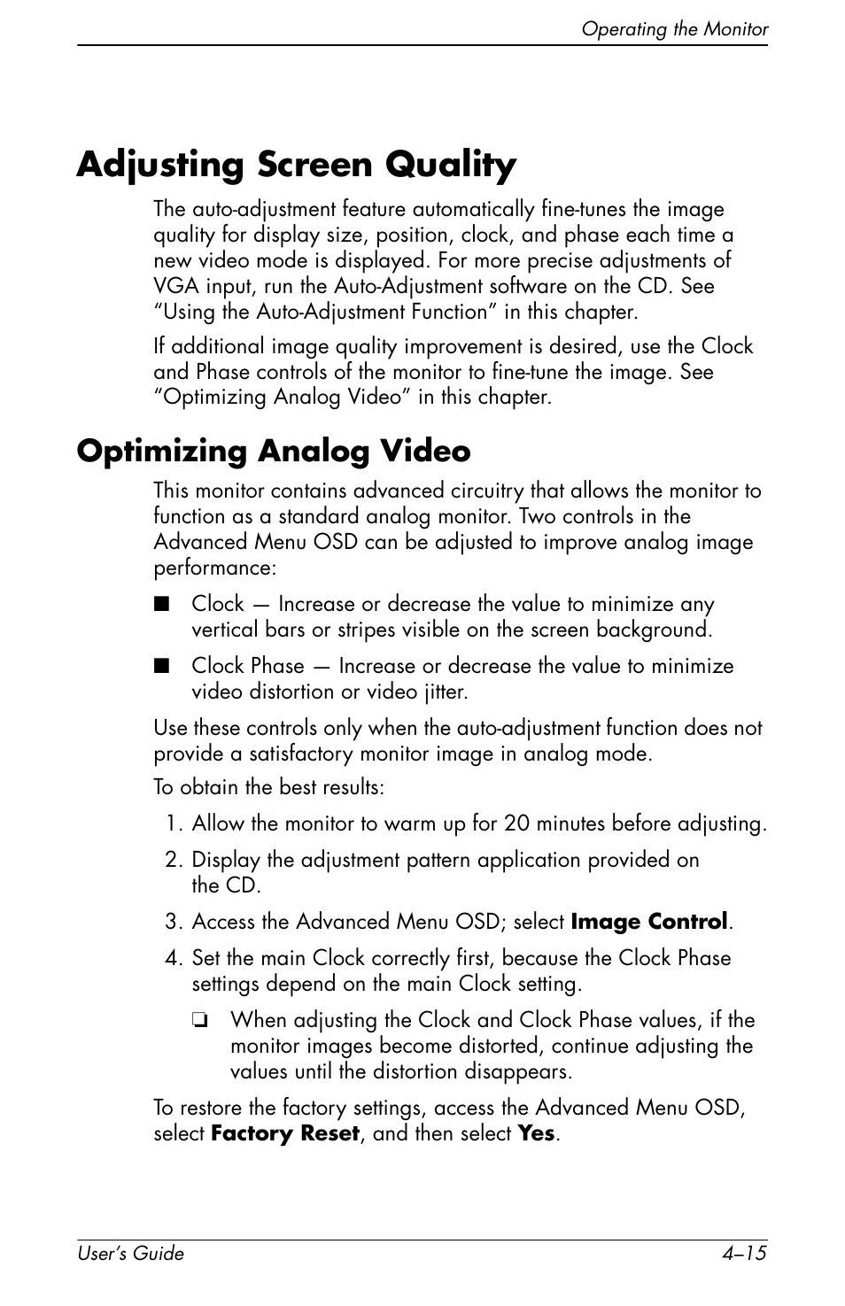 Adjusting screen quality, Optimizing analog video, Adjusting screen quality –15 | Optimizing analog video –15 | HP vs19x 19 inch LCD Monitor User Manual | Page 55 / 80