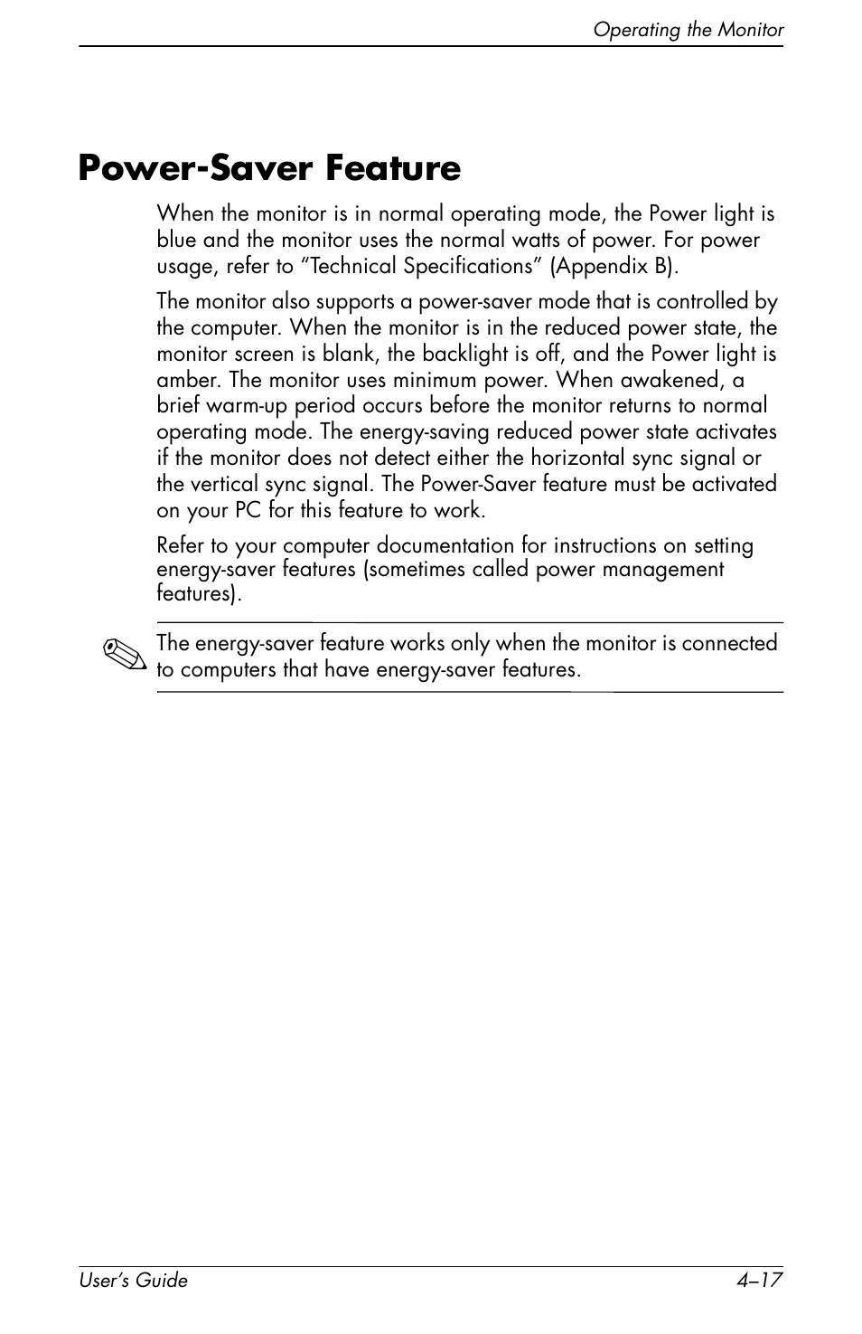 Power-saver feature, Power-saver feature –17 | HP vs19x 19 inch LCD Monitor User Manual | Page 57 / 80