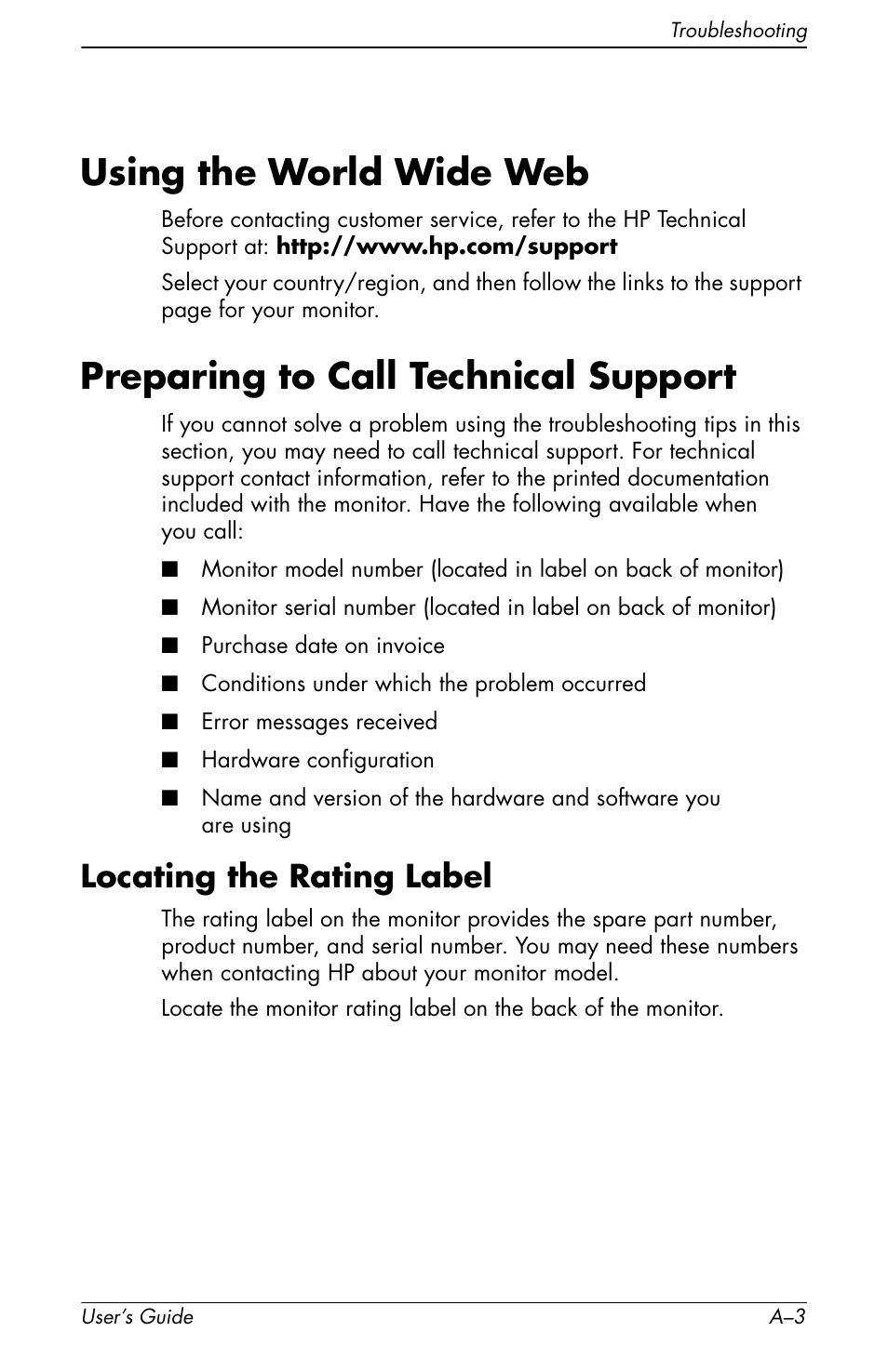 Using the world wide web, Preparing to call technical support, Locating the rating label | HP vs19x 19 inch LCD Monitor User Manual | Page 61 / 80