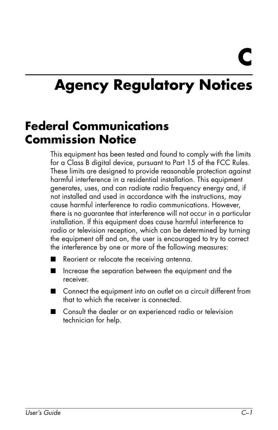 Agency regulatory notices, Federal communications commission notice, C agency regulatory notices | HP vs19x 19 inch LCD Monitor User Manual | Page 73 / 80