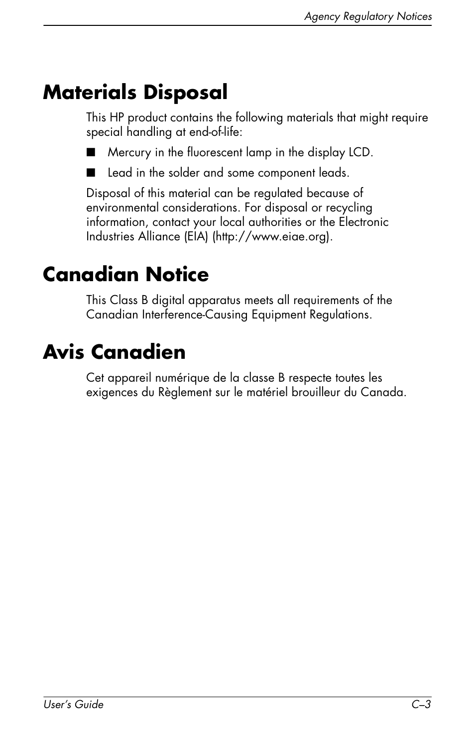 Materials disposal, Canadian notice, Avis canadien | HP vs19x 19 inch LCD Monitor User Manual | Page 75 / 80