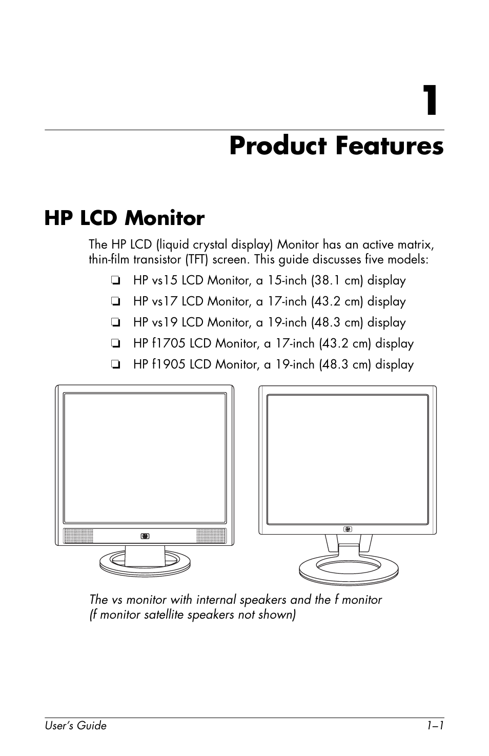Product features, Hp lcd monitor, 1 product features | Hp lcd monitor –1 | HP vs19x 19 inch LCD Monitor User Manual | Page 9 / 80