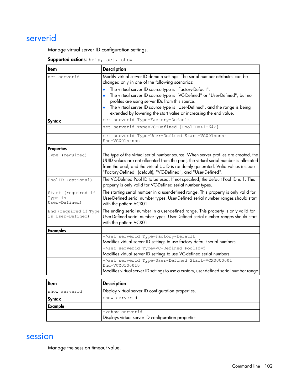 Serverid, Session | HP Virtual Connect FlexFabric 10Gb24-port Module for c-Class BladeSystem User Manual | Page 102 / 192