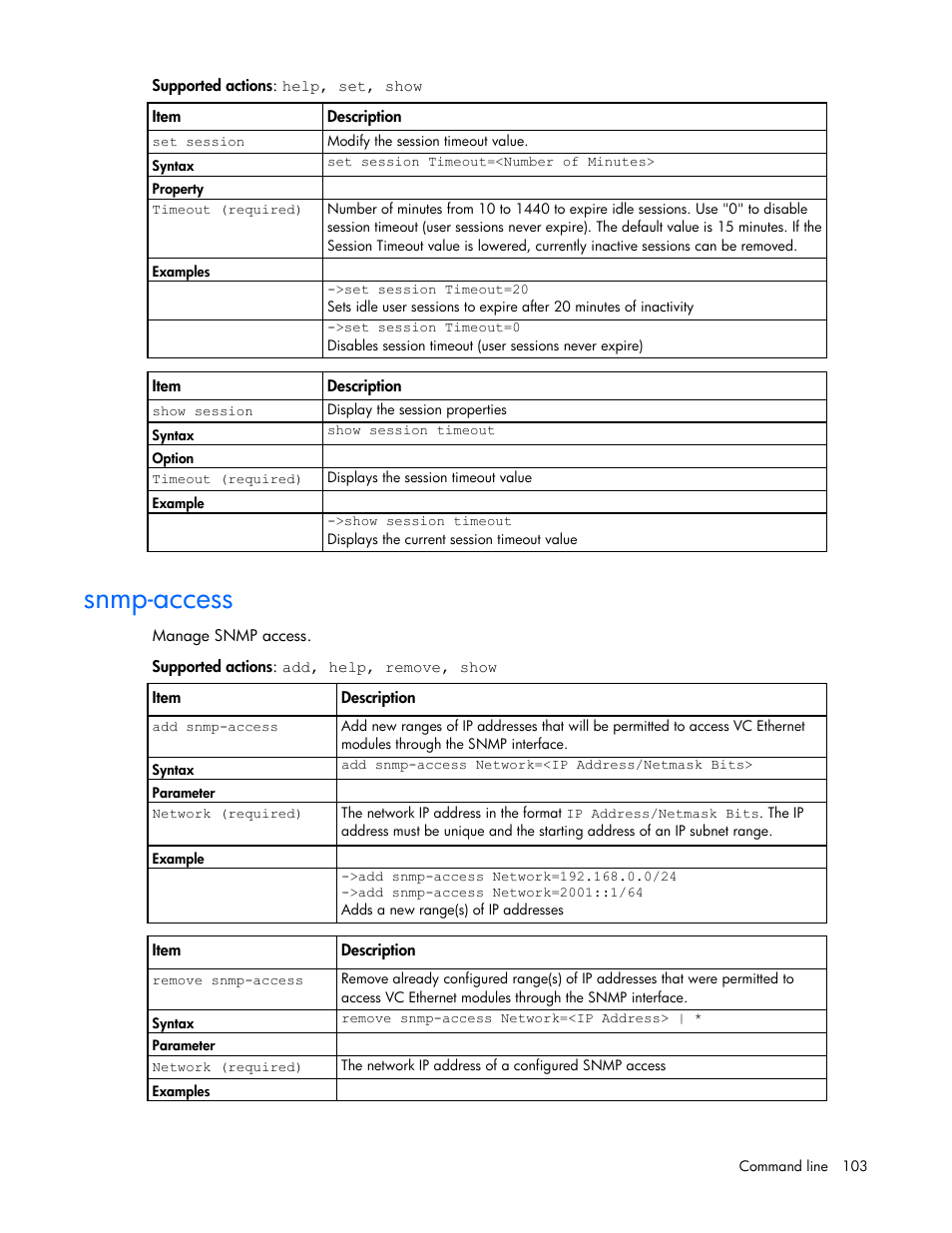 Snmp-access | HP Virtual Connect FlexFabric 10Gb24-port Module for c-Class BladeSystem User Manual | Page 103 / 192