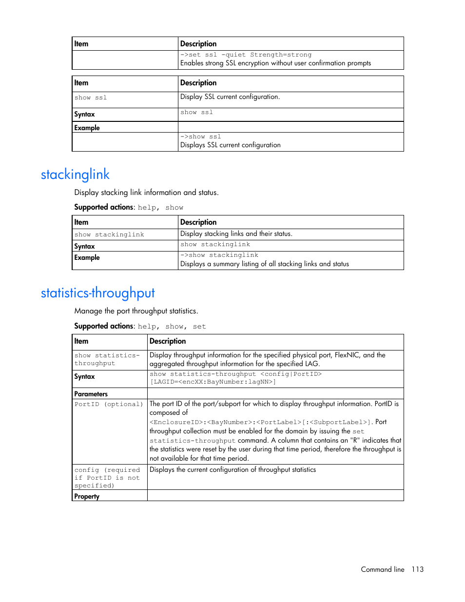 Stackinglink, Statistics-throughput | HP Virtual Connect FlexFabric 10Gb24-port Module for c-Class BladeSystem User Manual | Page 113 / 192