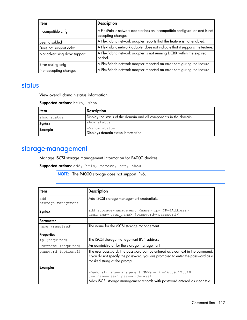 Status, Storage-management | HP Virtual Connect FlexFabric 10Gb24-port Module for c-Class BladeSystem User Manual | Page 117 / 192