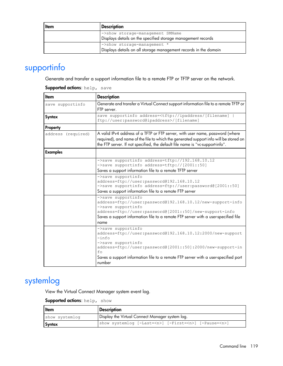 Supportinfo, Systemlog | HP Virtual Connect FlexFabric 10Gb24-port Module for c-Class BladeSystem User Manual | Page 119 / 192