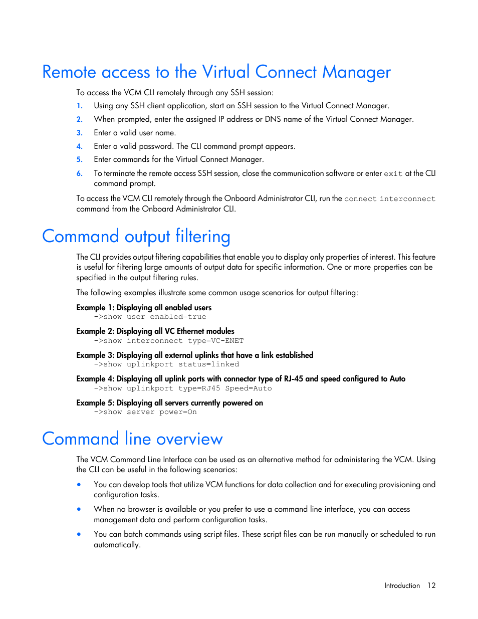 Remote access to the virtual connect manager, Command output filtering, Command line overview | HP Virtual Connect FlexFabric 10Gb24-port Module for c-Class BladeSystem User Manual | Page 12 / 192