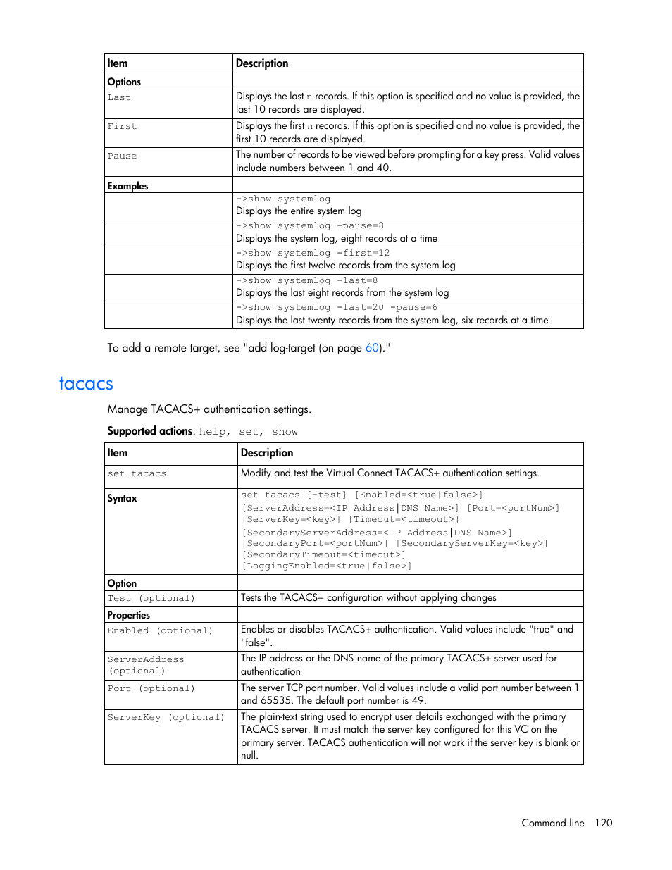 Tacacs | HP Virtual Connect FlexFabric 10Gb24-port Module for c-Class BladeSystem User Manual | Page 120 / 192