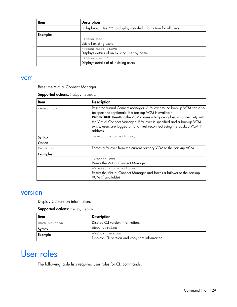 Version, User roles | HP Virtual Connect FlexFabric 10Gb24-port Module for c-Class BladeSystem User Manual | Page 129 / 192