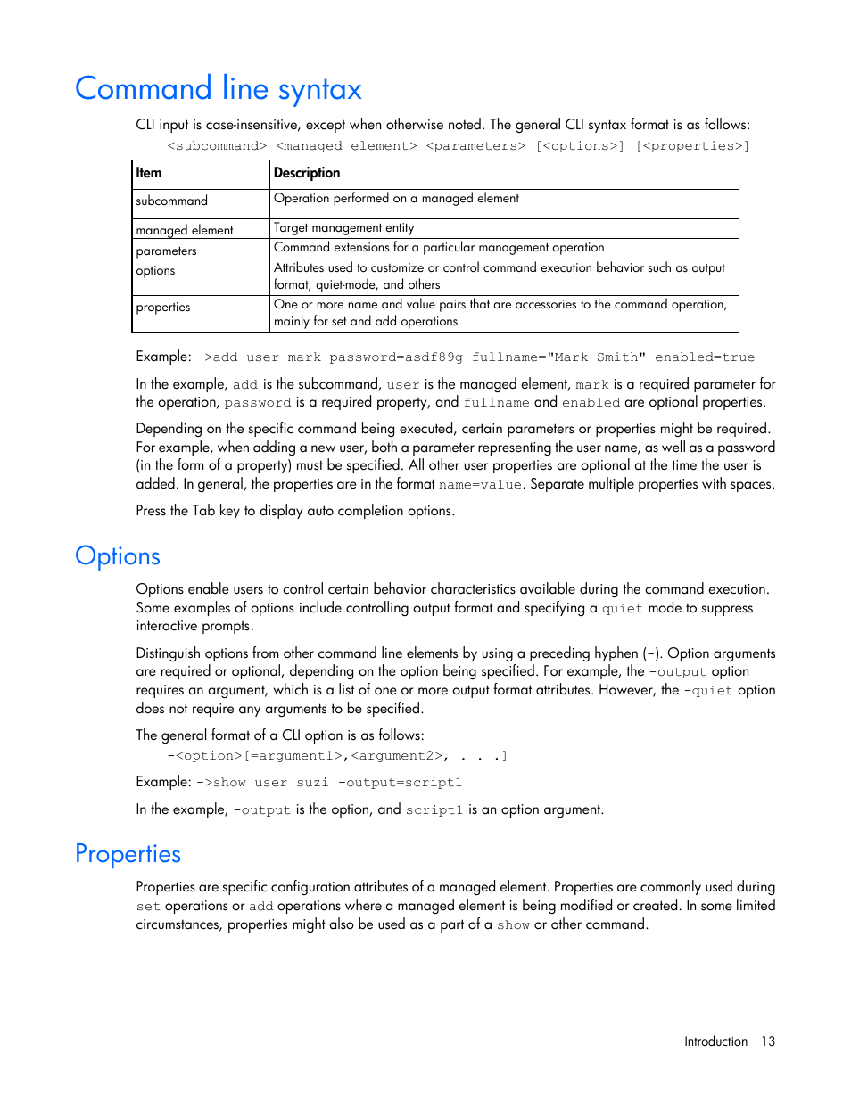 Command line syntax, Options, Properties | HP Virtual Connect FlexFabric 10Gb24-port Module for c-Class BladeSystem User Manual | Page 13 / 192