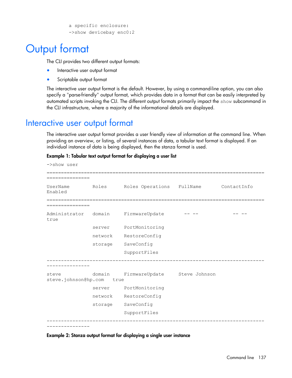 Output format, Interactive user output format | HP Virtual Connect FlexFabric 10Gb24-port Module for c-Class BladeSystem User Manual | Page 137 / 192