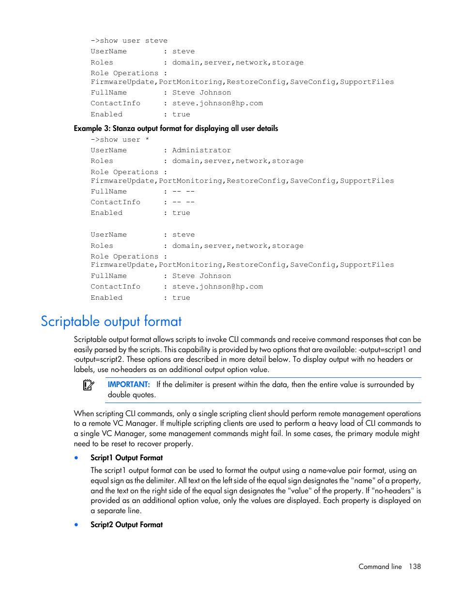 Scriptable output format | HP Virtual Connect FlexFabric 10Gb24-port Module for c-Class BladeSystem User Manual | Page 138 / 192