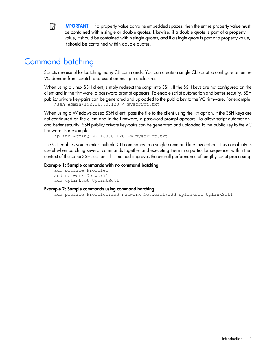 Command batching | HP Virtual Connect FlexFabric 10Gb24-port Module for c-Class BladeSystem User Manual | Page 14 / 192