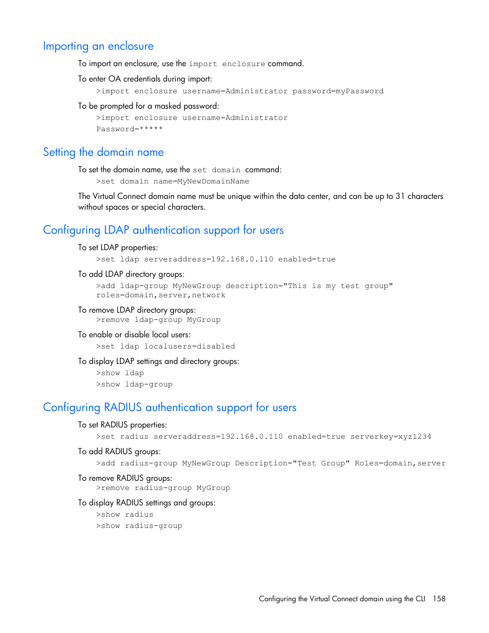 Importing an enclosure, Setting the domain name, Configuring ldap authentication support for users | HP Virtual Connect FlexFabric 10Gb24-port Module for c-Class BladeSystem User Manual | Page 158 / 192