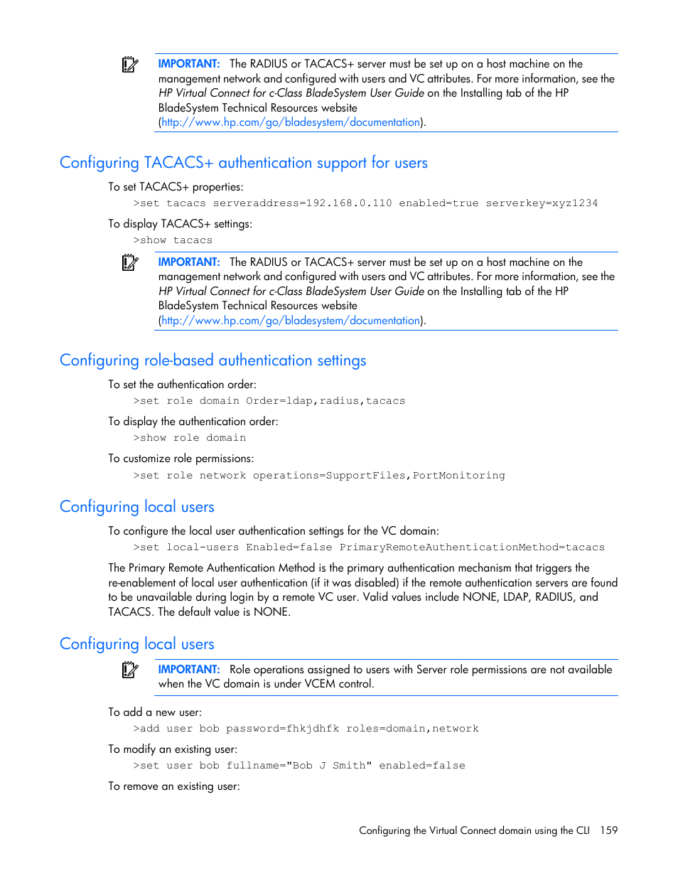 Configuring role-based authentication settings, Configuring local users | HP Virtual Connect FlexFabric 10Gb24-port Module for c-Class BladeSystem User Manual | Page 159 / 192