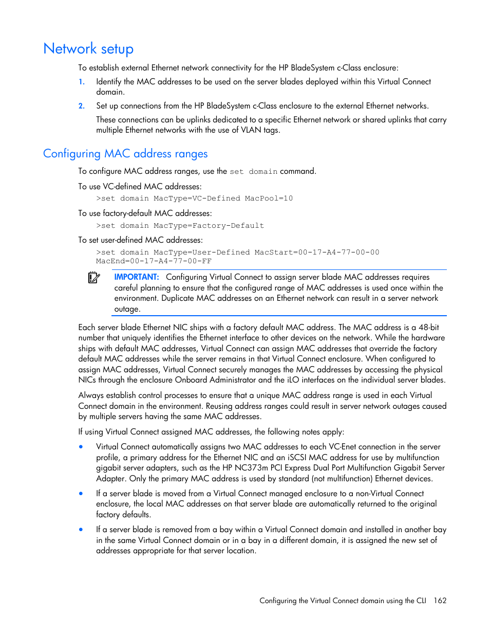 Network setup, Configuring mac address ranges | HP Virtual Connect FlexFabric 10Gb24-port Module for c-Class BladeSystem User Manual | Page 162 / 192