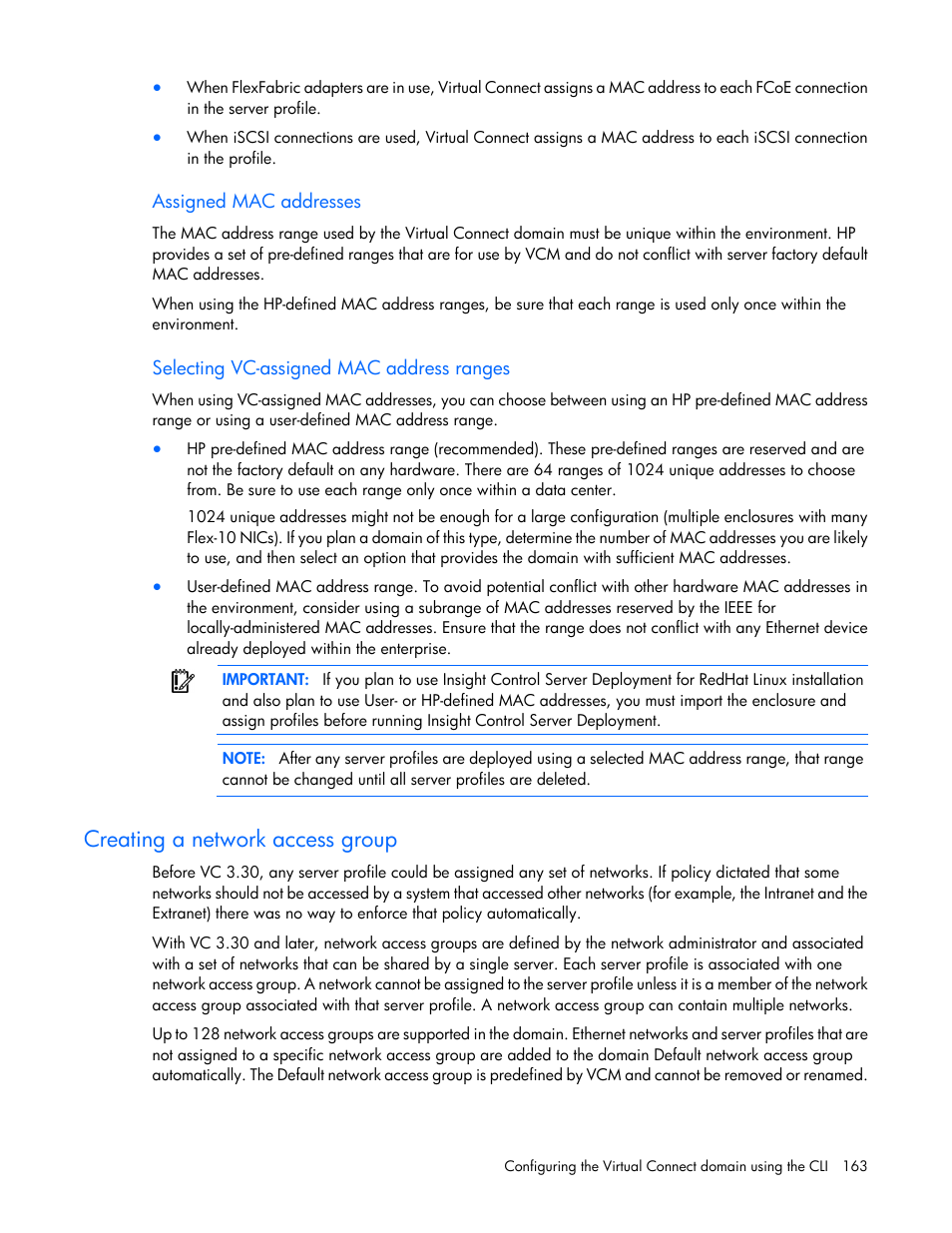 Assigned mac addresses, Selecting vc-assigned mac address ranges, Creating a network access group | HP Virtual Connect FlexFabric 10Gb24-port Module for c-Class BladeSystem User Manual | Page 163 / 192