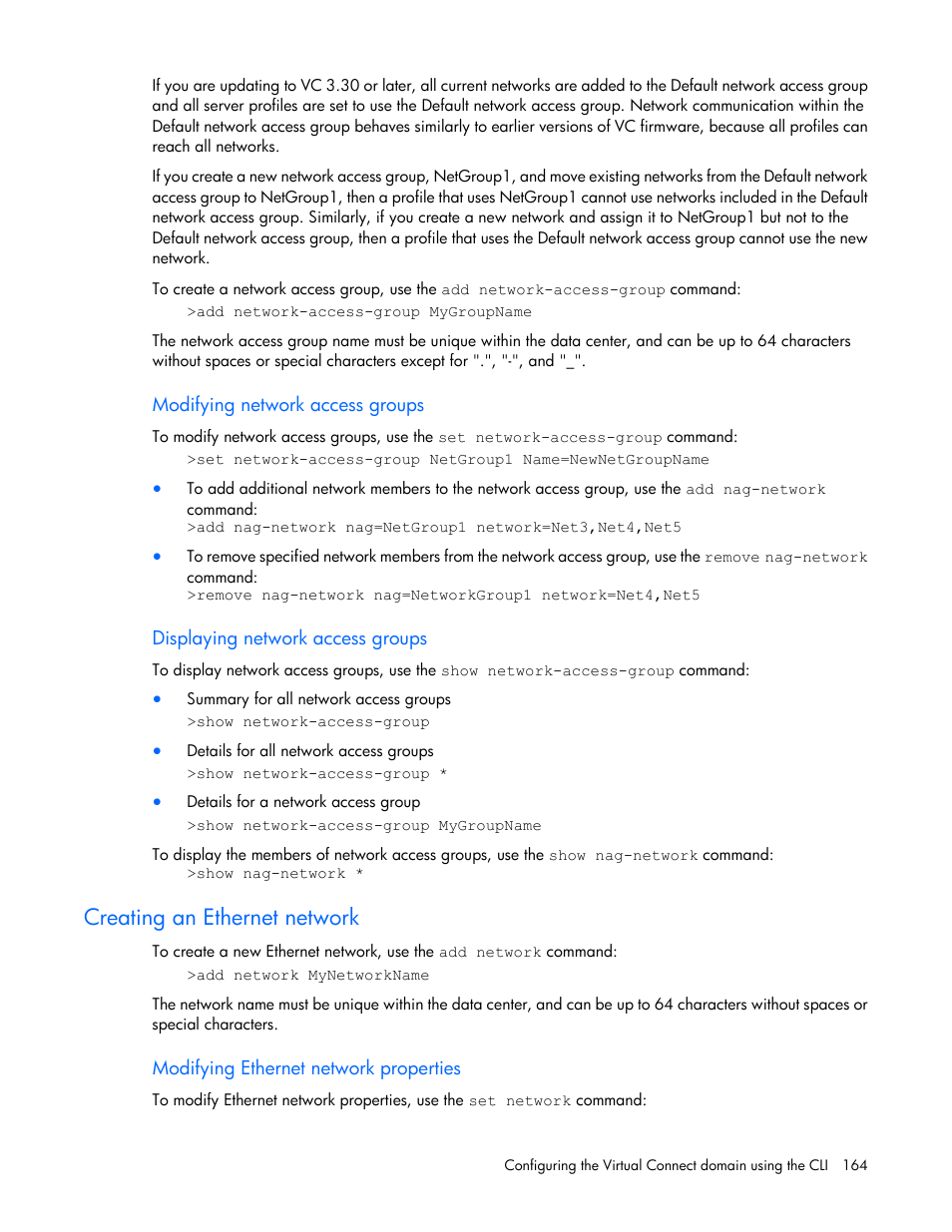 Modifying network access groups, Displaying network access groups, Creating an ethernet network | Modifying ethernet network properties | HP Virtual Connect FlexFabric 10Gb24-port Module for c-Class BladeSystem User Manual | Page 164 / 192