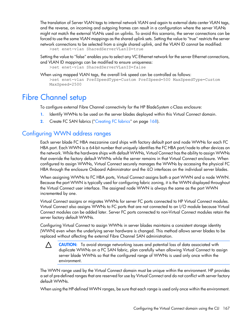 Fibre channel setup, Configuring wwn address ranges | HP Virtual Connect FlexFabric 10Gb24-port Module for c-Class BladeSystem User Manual | Page 167 / 192