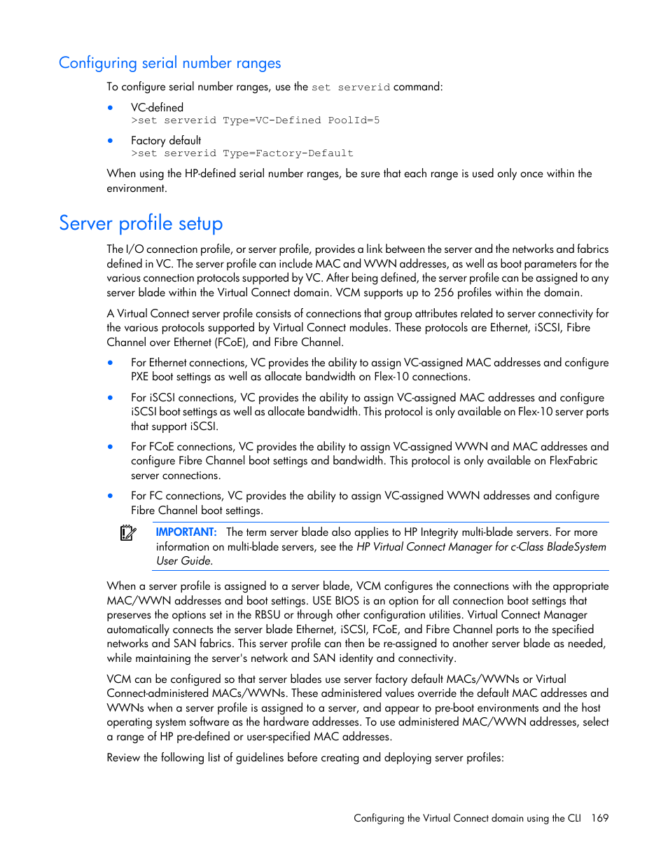 Configuring serial number ranges, Server profile setup | HP Virtual Connect FlexFabric 10Gb24-port Module for c-Class BladeSystem User Manual | Page 169 / 192