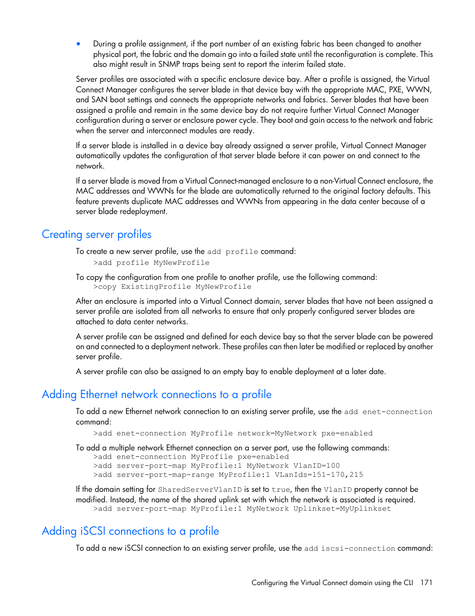 Creating server profiles, Adding ethernet network connections to a profile, Adding iscsi connections to a profile | HP Virtual Connect FlexFabric 10Gb24-port Module for c-Class BladeSystem User Manual | Page 171 / 192