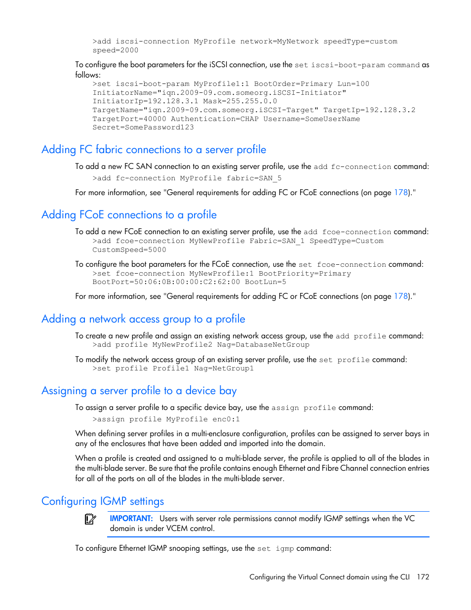 Adding fc fabric connections to a server profile, Adding fcoe connections to a profile, Adding a network access group to a profile | Assigning a server profile to a device bay, Configuring igmp settings | HP Virtual Connect FlexFabric 10Gb24-port Module for c-Class BladeSystem User Manual | Page 172 / 192
