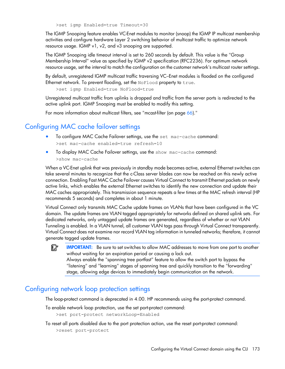 Configuring mac cache failover settings, Configuring network loop protection settings | HP Virtual Connect FlexFabric 10Gb24-port Module for c-Class BladeSystem User Manual | Page 173 / 192