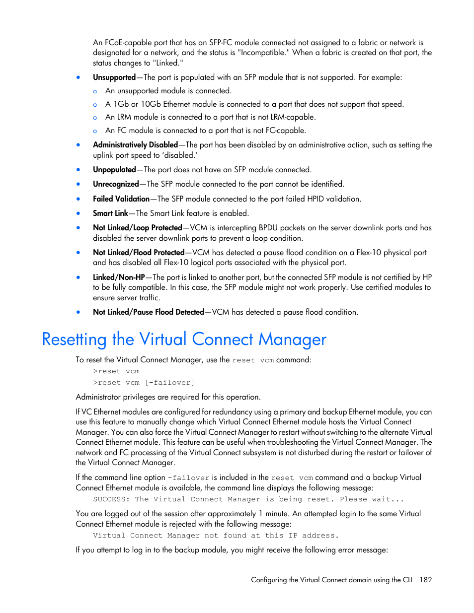 Resetting the virtual connect manager | HP Virtual Connect FlexFabric 10Gb24-port Module for c-Class BladeSystem User Manual | Page 182 / 192