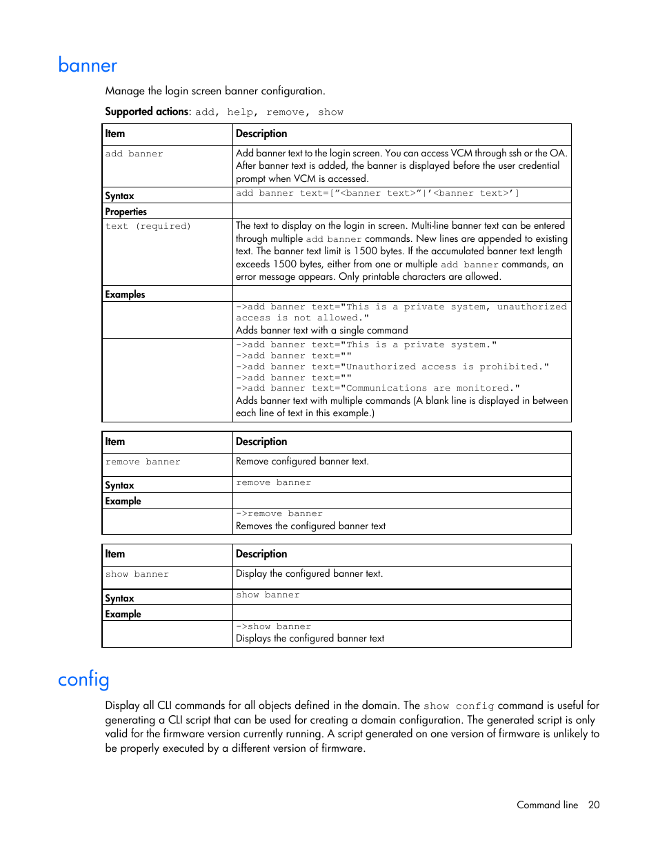 Banner, Config | HP Virtual Connect FlexFabric 10Gb24-port Module for c-Class BladeSystem User Manual | Page 20 / 192