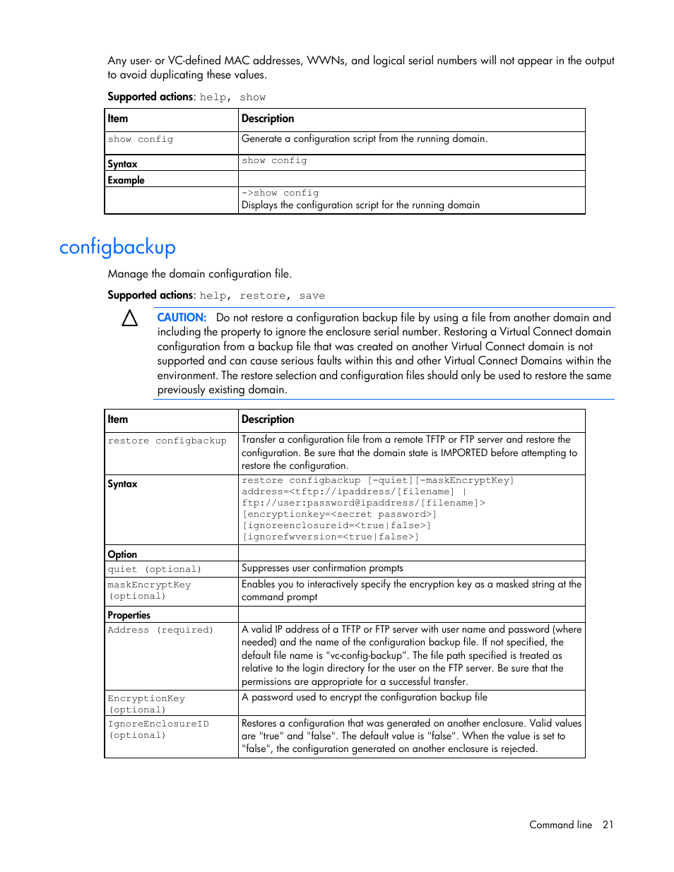Configbackup | HP Virtual Connect FlexFabric 10Gb24-port Module for c-Class BladeSystem User Manual | Page 21 / 192