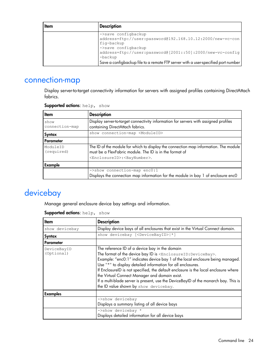 Connection-map, Devicebay | HP Virtual Connect FlexFabric 10Gb24-port Module for c-Class BladeSystem User Manual | Page 24 / 192