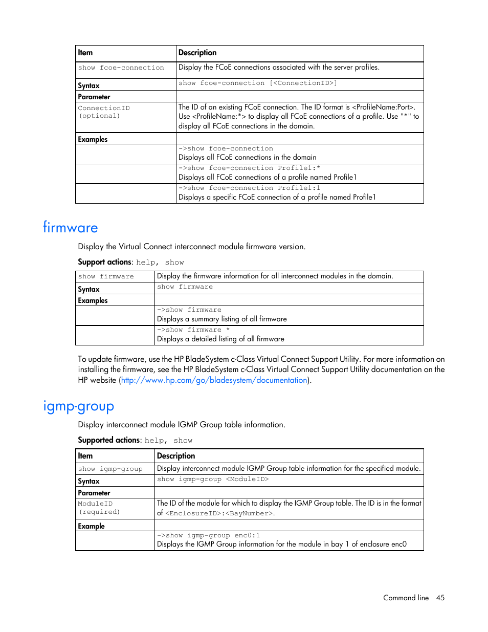 Firmware, Igmp-group | HP Virtual Connect FlexFabric 10Gb24-port Module for c-Class BladeSystem User Manual | Page 45 / 192