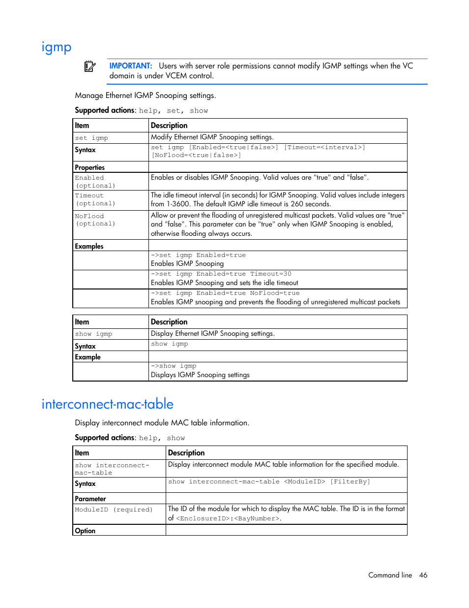 Igmp, Interconnect-mac-table | HP Virtual Connect FlexFabric 10Gb24-port Module for c-Class BladeSystem User Manual | Page 46 / 192