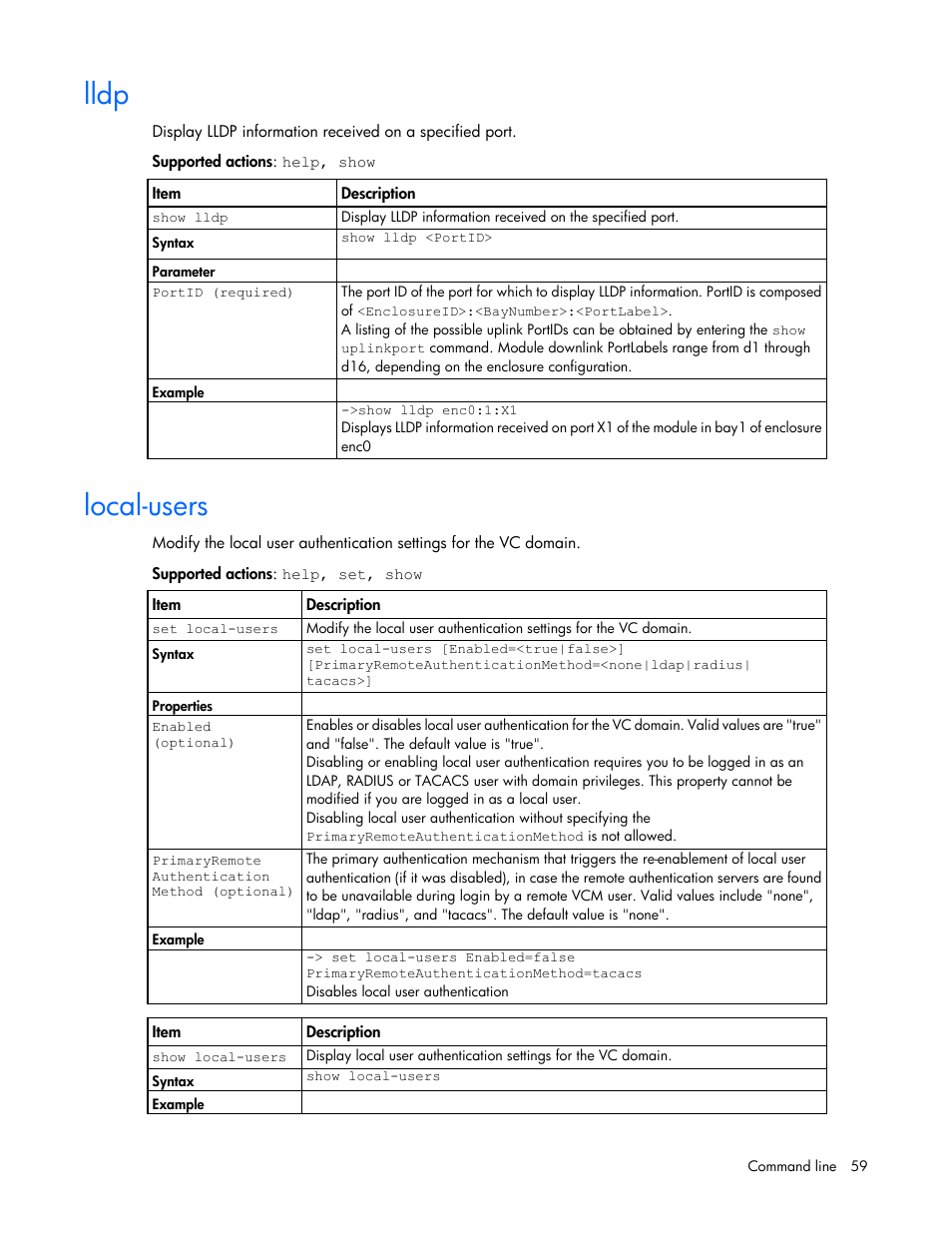 Lldp, Local-users | HP Virtual Connect FlexFabric 10Gb24-port Module for c-Class BladeSystem User Manual | Page 59 / 192