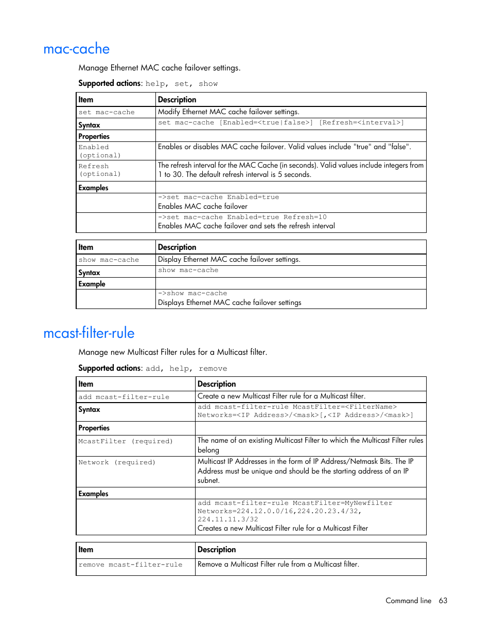 Mac-cache, Mcast-filter-rule | HP Virtual Connect FlexFabric 10Gb24-port Module for c-Class BladeSystem User Manual | Page 63 / 192