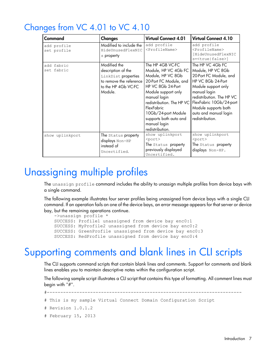 Changes from vc 4.01 to vc 4.10, Unassigning multiple profiles, Supporting comments and blank lines in cli scripts | HP Virtual Connect FlexFabric 10Gb24-port Module for c-Class BladeSystem User Manual | Page 7 / 192